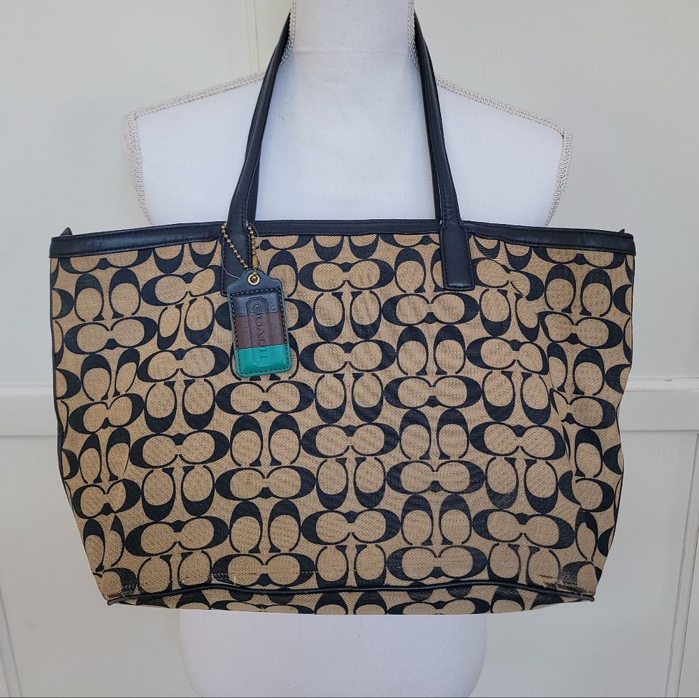 Coach Navy and Tan Signature Tote with Leather Trim